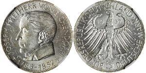 1957,GERMANY. 5 Mark, 1957-J. NGC MS-62.KM-117. Joseph von Eichendorff commemorative. Attractive full luster.