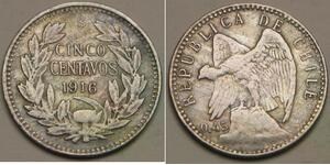 CHILE 5 Centavos 1916 So - Billon / Silver 0.45 - VF - 100 *