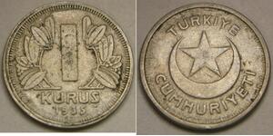 TURKEY 1 Kurush 1935 - Copper-Nickel - VF+ - 4156 *
