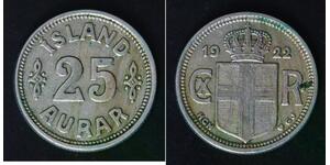 ICELAND 25 Aurar 1922(h) HCN GJ - Copper/Nickel - Christian X - VF - 4282