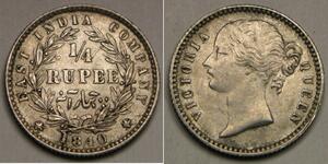 INDIA (British) 1/4 Rupee 1840 - Silver 0.917 - Queen Victoria - XF - 1747 *