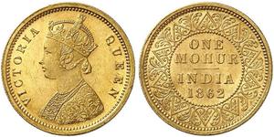 1862,INDIEN. British East India Company. Victoria 1837-1901. 1 Mohur 1862, Kalkutta. 11.65 g. KM 480. Schl. 890. Fr. 1598. Fast FDC / About uncirculated. (~€ 1315/USD 1515)