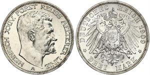Reuss, ältere Linie. Heinrich XXIV. 1902-1918. 3 Mark 1909 A. Jaeger 119. Fast Stempelglanz