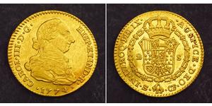  
  1774, Kingdom of Spain, Charles III. Beautiful Gold 2 Escudos Coin.(XF!) 6.74gm!  Mint Year: 1774 Mint Place: Seville (S) Denomination: 2 Escudos Reference: Friedberg 285, CT-549, KM-417.2.   ...