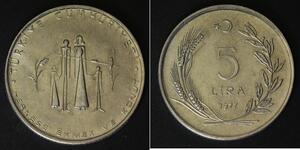 TURKEY 5 Lira 1977 - Stainless Steel - F.A.O. - aUNC - 3767
