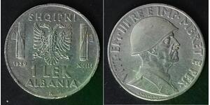 ALBANIA (Italian Occupation WWII) 1 Lek 1939 R - Stainless Steel - VF - 2920