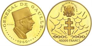 Zentralafrikanische Staaten-Tschad. 10000 Francs 1960. 10. Jahrestag der Unabhängigkeit. General de Gaulle. K.M. 15, Friedberg 2. Im Etui. GOLD. Polierte Platte