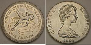 ISLE OF MAN 1 Crown 1984 PM - Sarajevo Olympics / Ice Dancing - aUNC - 2715 *