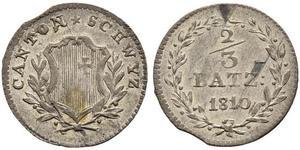 1810,SCHWEIZ. Schwyz. 2/3 Batzen 1810, Aarau. Variante mit BATZ :. Wappenspitze eingeschnitten und kein Mzz. 2.25 g. Wielandt (Schwyz) 142 var. D.T. 83a. HMZ 2-809b. Kleine Schrötlingsfehler / Mi ...