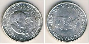 США
1/2 доллара (1952 г.)
Серебро
Букер Т. Вашингтон и Джордж Вашингтон Карвер (Booker T. Washington and George Washington Carver). Номер по Краузе КМ#200, 900-я проба, 12,5 г.
