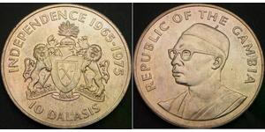 GAMBIA 10 Dalasis 1975 - Silver .500 - Independence - aUNC - 2080 