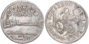 1741,Schweiz-Basel, Stadt. Doppeltaler 1741. Stadtansicht, darüber BASILEA in einer Kartusche, oben acht geschweifte Vogteiwappen, unten im Abschnitt die Jahreszahl, Füllhorn und die Stempelschne ...