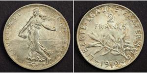  
  1919, France (3rd Republic). Beautiful Silver 2 Franc 
