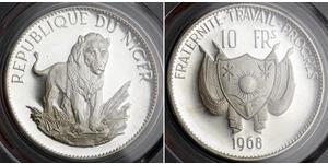  
  
 1968, Niger (Republic).  Proof 10 Francs Lion Coin. Only 1,000 Struck! PCGS PR-65! 
   Mint Year: 1968 Mintage: 1,000 pcs. Denomination: 10 Francs  Reference: KM-8.1 ($75!).   Condition: Ce ...