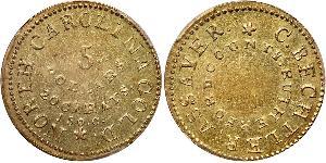  Christopher Bechtler, 5 DOLLARS NORTH CAROLINA, 150 Gr. 20 Carats. K-15, Rarity 7. PCGS graded AU-55. One of the second series of Christopher Bechtler five dollar gold coins, K-15 is a highly el ...