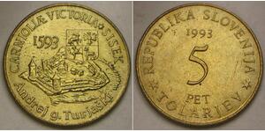 SLOVENIA 5 Tolarjev 1993 - Brass - 400th Ann. of Battle of Sisak - aUNC - 4098 *