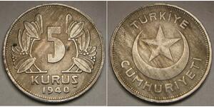 TURKEY 5 Kurush 1940 - Copper-Nickel - Double Strike Error - XF - 2926 *