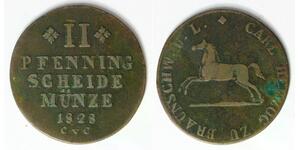 BRUNSWICK WOLFENBUTTEL 2 Pfennige 1828 CvC - Copper - Karl II. - VF- - 1050