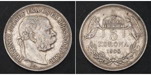  
  1908, Kingdom of Hungary, Francis Joseph I. Large Silver 5 Korona Coin. VF+   Mint Year: 1908 Reference: KM-488.  Denomination: 5 Korona  Mint place: Kremnitz (KB)  Condition: Numerous bag-ma ...