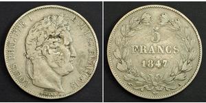  
  1847, France (2nd Kingdom), Louis-Philippe. Large Silver 5 Francs Coin. F-VF!   Mint Year: 1847  Mint Place: Paris (A)  Reference: KM-749.1.  Denomination: 5 Francs  Condition: Cleaned, other ...
