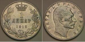 SERBIA 1 Dinar 1912 - Silver 0.835  - Petar I. - XF - 281 *