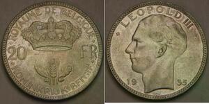 BELGIUM 20 Francs 1935 - Silver 0.68 - Leopold III. - XF - 1771 *