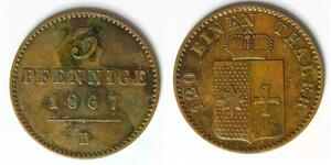 WALDECK PYRMONT 3 Pfennig 1867B - Copper - Georg Victor - VF/XF - 1082