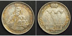  
  1932, San Marino (Republic). Beautiful  Silver 20 Lire Coin. XF-AU!  A charming example with a mintage of only 10,000 pcs!  Mint Year: 1932 Reference: KM-11. Mintage: 10,000 pcs.  Denominatio ...