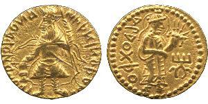 † Coins of India. Kushan. Kanishka I (c.127-152 AD), Gold Dinar, caped and crowned Kanishka standing facing, head left, holding ankus over a small altar, left, and a sceptre right, rev goddess Ar ...
