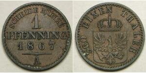 PRUSSIA (German State) 1 Pfennig 1867 A - Copper - Wilhelm I. - aUNC - 2136 *