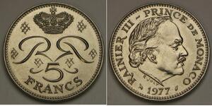 MONACO 5 Francs 1977 - Copper-Nickel - Rainier III. - aUNC - 2972 *
