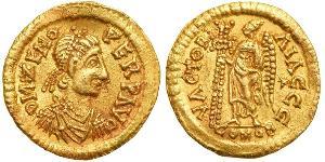  Visigoths. Pseudo-Imperial Series. Gold Tremissis (1.5 g), in Spain, 507-ca. 580. In the name of the Roman emperor Zeno. DNZENO PERPAVC, diademed, draped and cuirassed bust of Zeno right. Revers ...