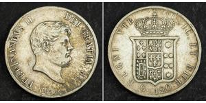  
  1856, Naples & Sicily, Ferdinand II. Large Silver 120 Grana (Scudo) Coin. VF+   Mint Year: 1856 Denomination: Scudo of 120 Grana.  Reference: Davenport 175, KM-370.  Condition: Minor edge ...