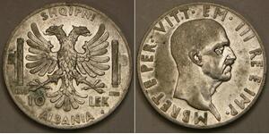 ALBANIA 10 Lek 1939 R - Silver 0.835 - Vittorio Emanuel III. - XF/aUNC - 1870 *