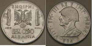 ALBANIA (Italian Occupation WWII) 0.50 Lek 1939 R - Magnetic - XF - 1894 *