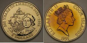 COOK ISLANDS 5 Dollars 1991 - Cu-Ni - Toned - Christopher Columbus - UNC - 2757*