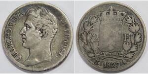 FRANCE 1827 2 FRANCS KING CHARLES X ROI CROWNED SHIELD SILVER WORLD COIN 