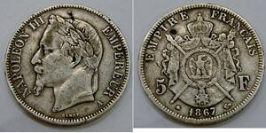 France - 1867 A - Silver 5 Francs - KM# 799.1