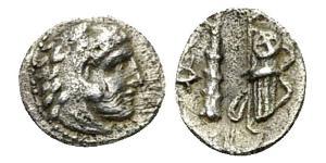 Alexander III AR Obol Kings of Macedon. Alexander III (336-323 BC). AE Obol (7 mm, 0.42 g), uncertain eastern mint. Obv. Head of Herakles right, wearing lion skin. Rev. Club and bowcase; in field ...