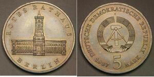 GERMANY (DDR) 5 Mark 1987 A - Cu-Zn-Ni - Berlin Red City Hall - aUNc - 66 *