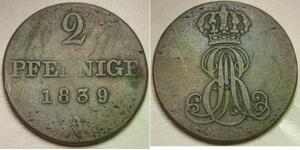 HANNOVER (German Kingdom) 2 Pfennig 1839 A - Copper - Ernst August - VF - 866 *