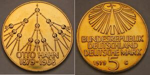 GERMAN 5 Mark 1979 G - Gold plated Cu-Ni clad Nickel - Otto Hahn - aUNC -4035*