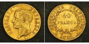  
  1805, France (1st Empire), Napoleon I. Large Gold 40 Francs Coin. 12.87gm!  Mint Place: Paris Mintage: 252,000 pcs.    Mint Year: 1805 (An 13) Denomination: 40 Francs Engraver: Pierre-Joseph  ...