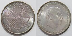 SPAIN 1966 100 PESETAS (68) FRANCISCO FRANCO BUST SILVER WORLD COIN TONED 