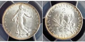  
  1917, France (3rd Republic). Beautiful Silver 2 Franc 
