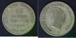 HANNOVER 1/12 Thaler 1844 S - Silver 0.520 - Ernest August - F/VF - 2387