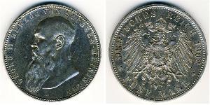 Саксен-Мейнинген
5 марок (1902 г.)
Серебро
D. Георг II. Длинная борода. Номер по Краузе КМ#201, 900-я проба, 27,777 г.
