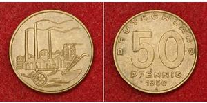  
 
   1950, East Germany (DDR). Aluminum-Bronze 50 Pfennig Coin. Scarce 2-Year Type!   Mint year: 1950 Mint Place: Berlin (A)    Denomination: 50 Pfennig  Reference: KM-4 ($25 in XF!) Condition: ...