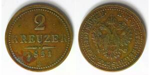 AUSTRIA 2 Kreuzer 1851 B - Copper - Franz Joseph I. - VF - 4256