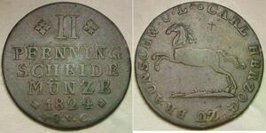 BRUNSWICK (German County) 2 Pfennig 1824 CvC - Copper - Karl II. - VF/XF - 917 *